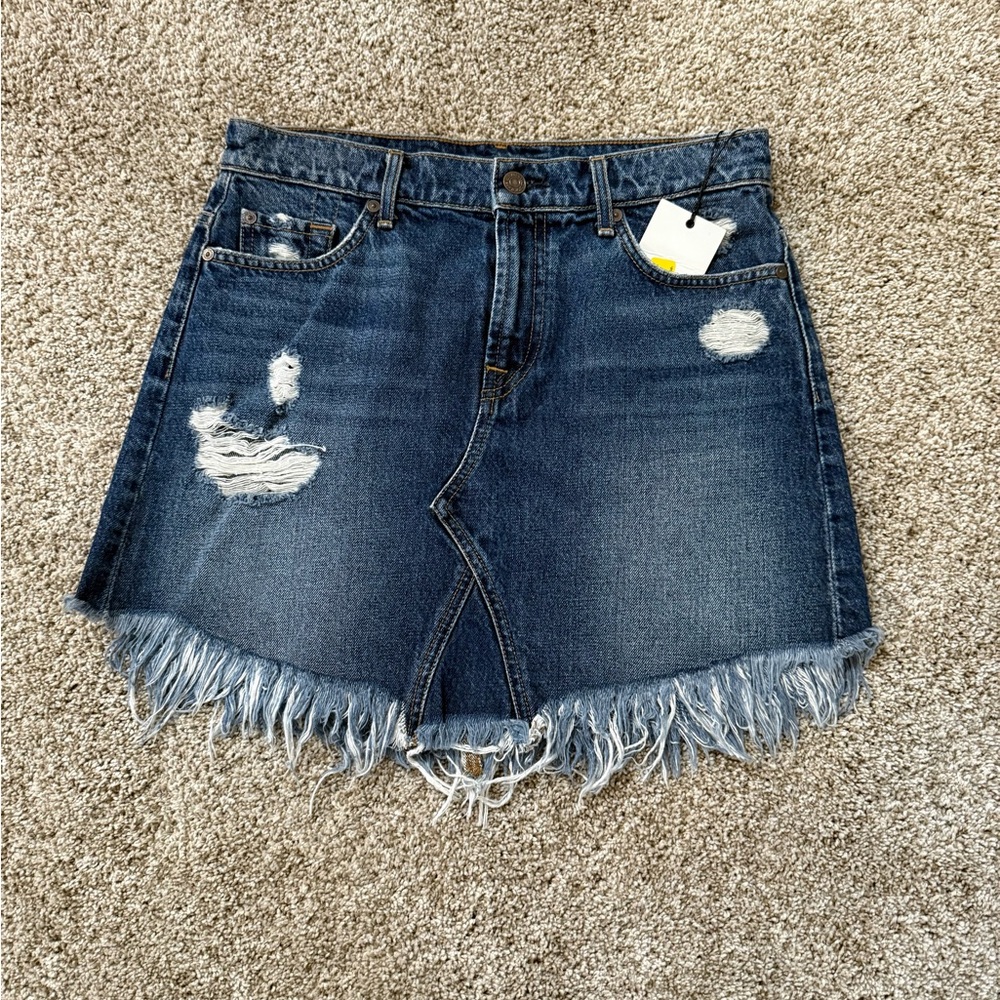 7 for all Mankind Distressed Denim Fringe Skirt